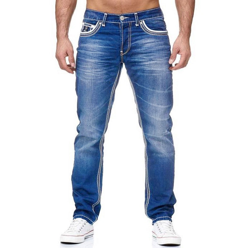 Men's White Distressed Mid-Rise Straight-Leg Jeans