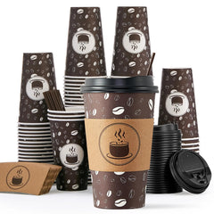 JOLLY PARTY Disposable Coffee Cups with Lids Sleeves and Straws - 12oz(100 Pack) Paper Coffee Cups with Lids Durable BPA Free Hot Coffee Cups for Shops Cafes and Concession Stands(Dark Brown)