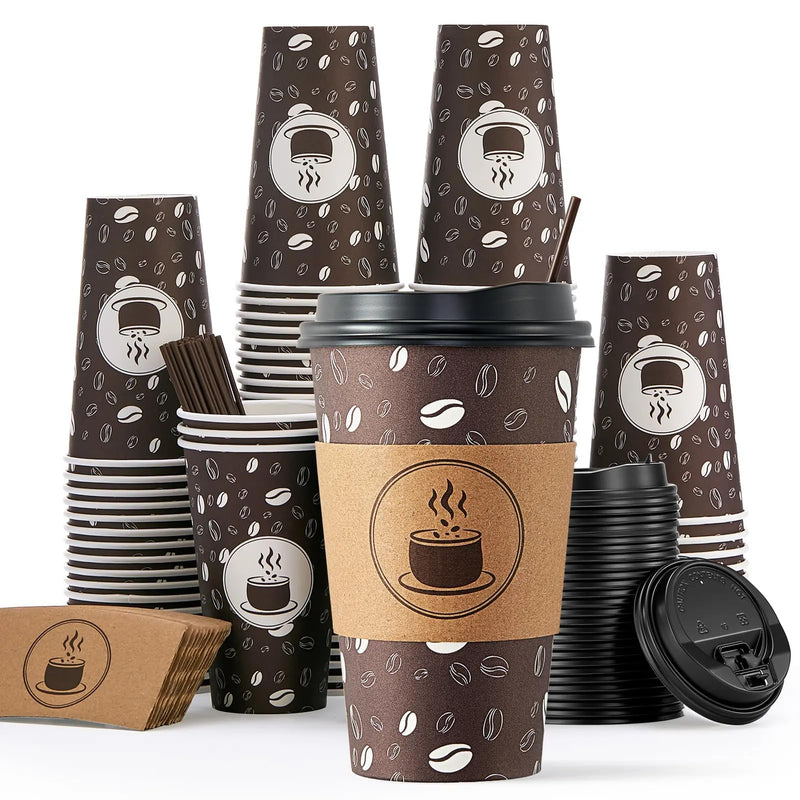 JOLLY PARTY Disposable Coffee Cups with Lids Sleeves and Straws - 12oz(100 Pack) Paper Coffee Cups with Lids Durable BPA Free Hot Coffee Cups for Shops Cafes and Concession Stands(Dark Brown)