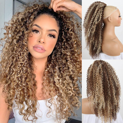 Highlighted Brown Ponytail Kinky Ponytail Extension Ombre Drawstring Ponytail for Black Women Afro Kinky Curly Ponytail Clip Brown Ponytail Extension Synthetic Instant Clip Kinky Curly Hair Pieces