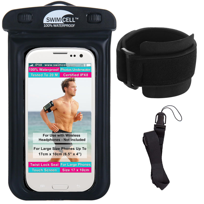 Waterproof Phone Holder Armband Case - for Swimming Running Walking NO Headphone Jack. Fits Large Size Phones up to 6.7inch/17cm- iPhone Samsung Galaxy S. Android. Hi-Vis Armband and Neck Lanyard.