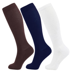 +MD 3 Pairs Light Compression Socks for Women & MenViscose for Bamboo 8-15mmHg Soft Support Scoks for Pregnant Nurses Travel 13-15 Brown/ Navy/ White