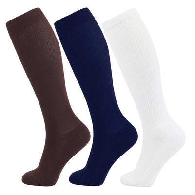 +MD 3 Pairs Light Compression Socks for Women & MenViscose for Bamboo 8-15mmHg Soft Support Scoks for Pregnant Nurses Travel 13-15 Brown/ Navy/ White