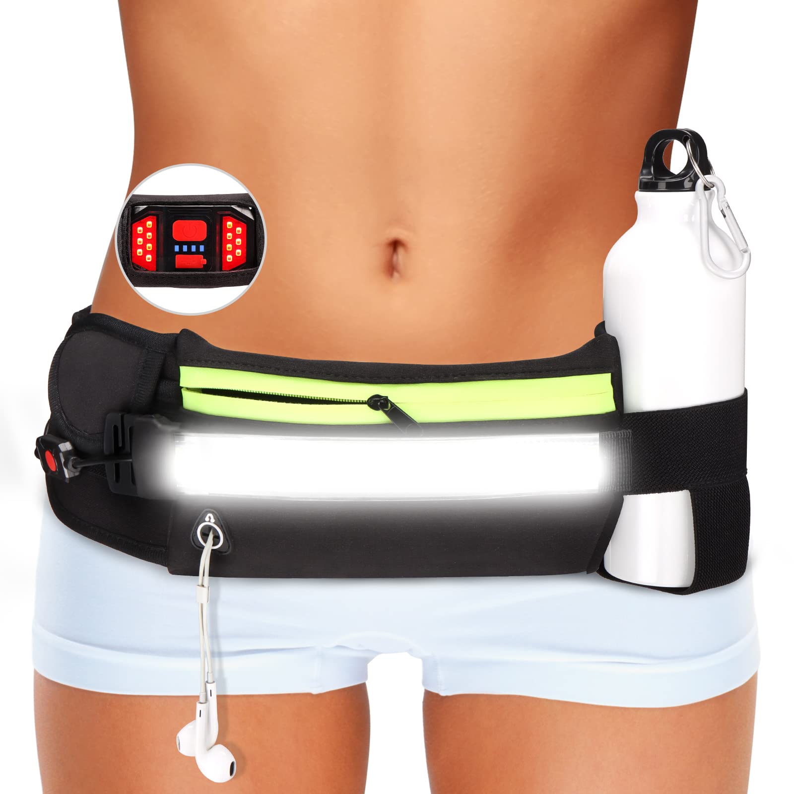 EGUKU Running Light 1000Lumens Running Belt Running Gear with 230Â°Rechargeable Night Running Light for Phone Waist Bag Light with Water Bottle Holder Slim Running Belt for Runners Jogging Walking