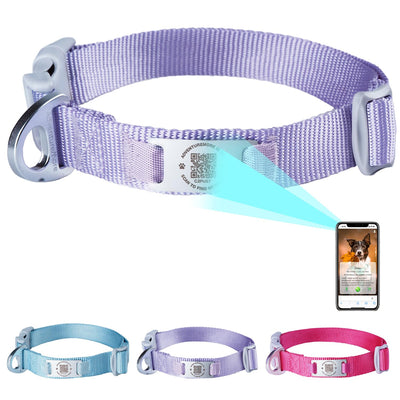 ADVENTUREMORE Smart ID Tag QR Code Nylon Dog Collar - Prevents Small Medium Large Dogs from Getting Lost at Night Displays Owner and Pet Details - Durable Adjustable Thick-Purple-S