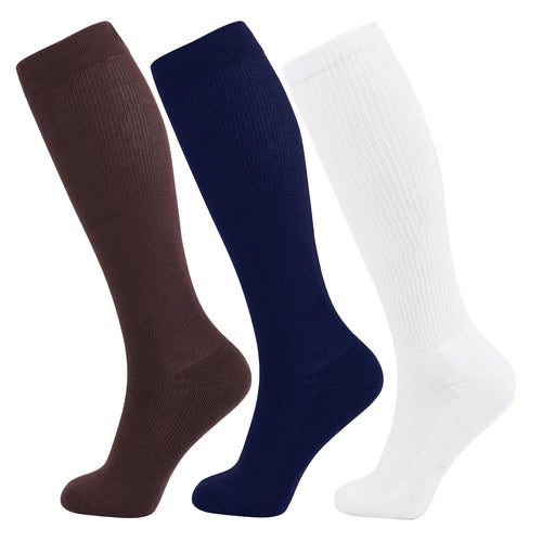 +MD 3 Pairs Light Compression Socks for Women & MenViscose for Bamboo 8-15mmHg Soft Support Scoks for Pregnant Nurses Travel 13-15 Brown/ Navy/ White